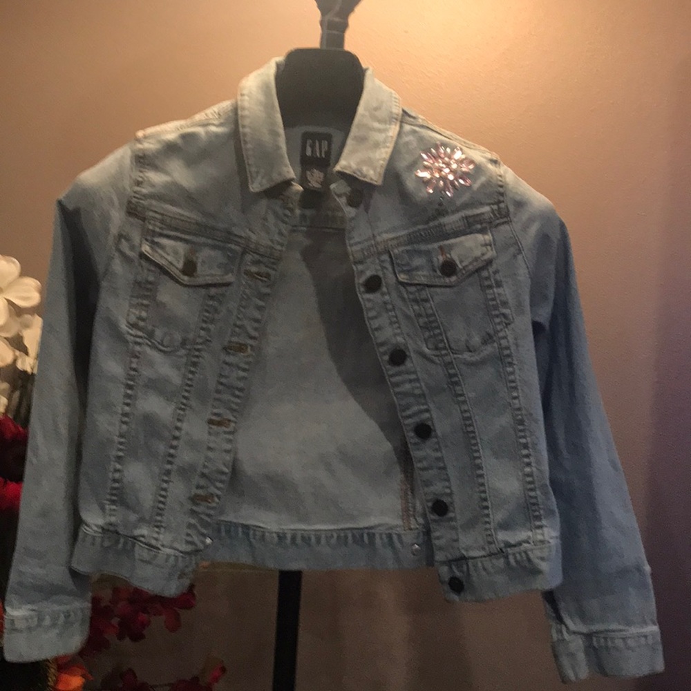 Gap girls jean jacket with pink flower gems design